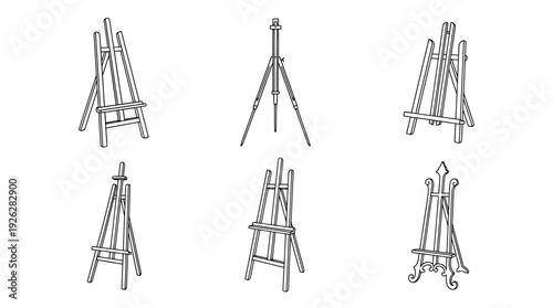 easel stands , 6 black delicate line drawings vector set collection , white background , PNG and SVG	