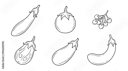 eggplant styles , 6 black delicate line drawings vector set collection , white background , PNG and SVG	