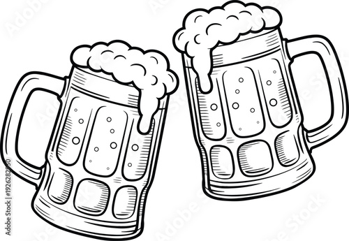 Clinking Beer Mugs Illustration with Foam for Celebration Cheers