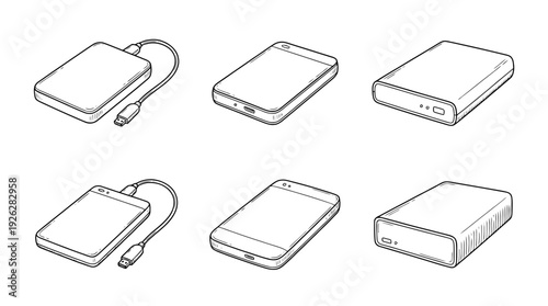 external hard drives , 6 black delicate line drawings vector set collection , white background , PNG and SVG	