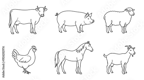 farm animals , 6 black delicate line drawings vector set collection , white background , PNG and SVG	
