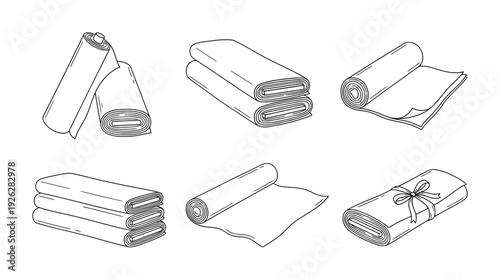 fabric rolls , 6 black delicate line drawings vector set collection , white background , PNG and SVG	