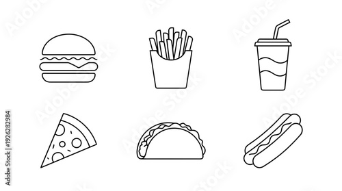 fast food icons , 6 black delicate line drawings vector set collection , white background , PNG and SVG	