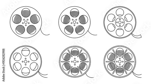film reels , 6 black delicate line drawings vector set collection , white background , PNG and SVG	