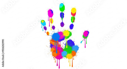 Vibrant multicolored handprint with paint splatters on white background symbolizing creativity and self expression in art