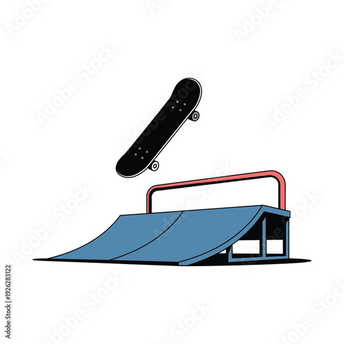 Skateboard flies above a blue quarter pipe ramp.