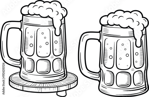Two Beer Mugs with Foam Illustration for Pub and Celebration Design