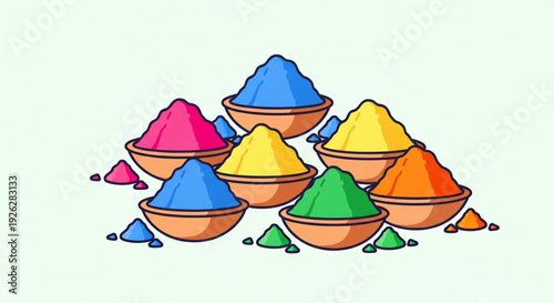 Colorful powder in bowls for holi festival celebration vibrant hues of pink blue yellow green and orange
