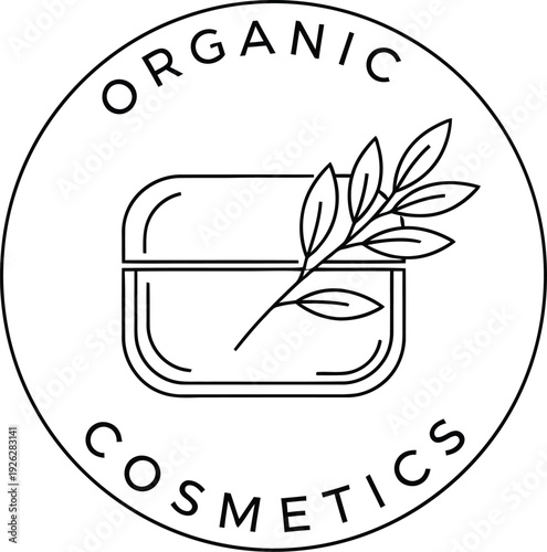 Minimalist black and white line art logo for organic cosmetics featuring a jar and a leaf.