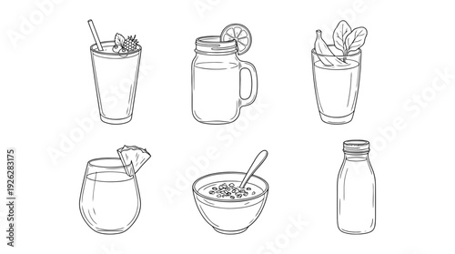 fruit smoothies , 6 black delicate line drawings vector set collection , white background , PNG and SVG	