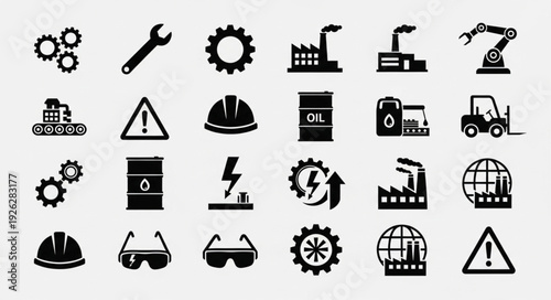 Collection of industrial icons representing manufacturing and engineering concepts.