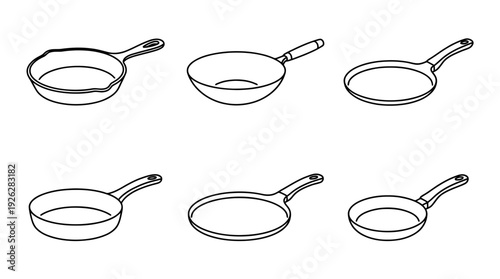frying pans , 6 black delicate line drawings vector set collection , white background , PNG and SVG	