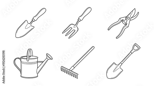 garden tools , 6 black delicate line drawings vector set collection , white background , PNG and SVG	