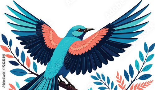 Beautiful colorful vector illustration of a tropical blue bird with spread wings perched on a branch surrounded by decorative leaves for nature branding