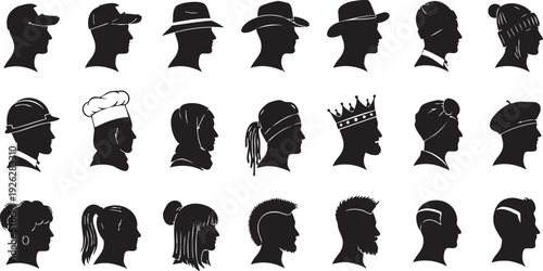 A diverse collection of twenty unique and stylized human profile silhouettes