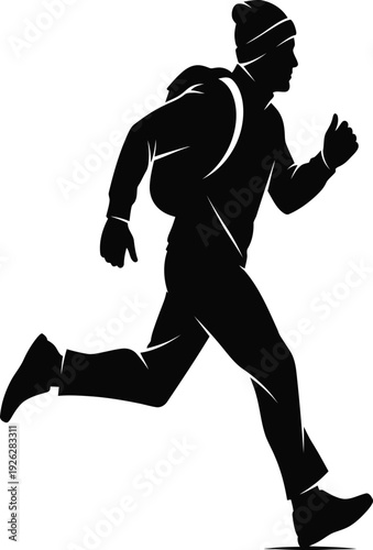 Active running man silhouette icon wearing backpack and beanie hat black solid shape for fitness and travel
