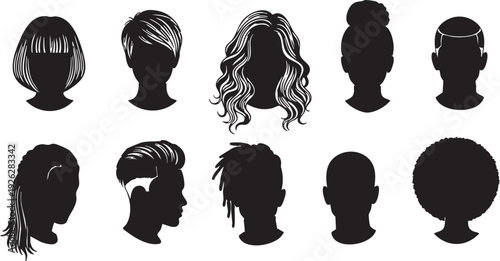 A diverse collection of ten unique hairstyles showcased in black and white silhouettes