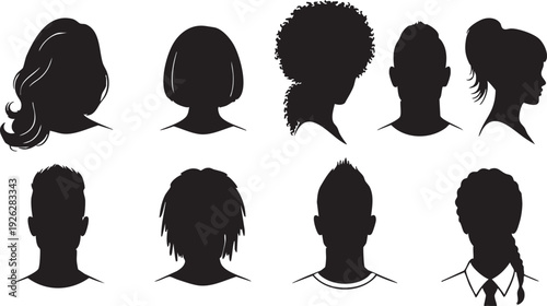 A collection of eight distinct hairstyles showcasing various hair textures and designs