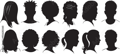 A collection of diverse hairstyles showcasing various lengths and textures