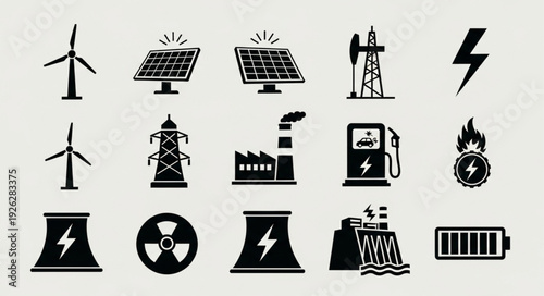 Collection of energy icons representing various power generation methods and sources.