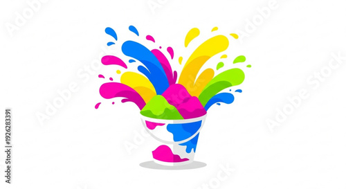 Vibrant colorful paint splashes erupting from a white bucket creative art supplies concept with bright pink blue green and yellow hues on a plain background