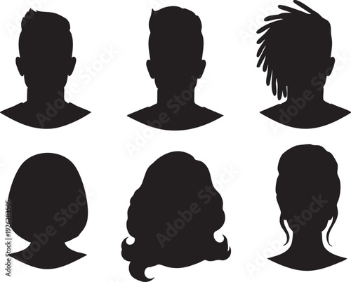 Six distinct silhouettes showcasing a variety of hairstyles and haircuts.