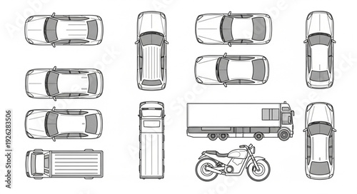Overhead view of various vehicles including cars, trucks, and a motorcycle, all in black and white.