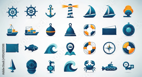 Collection of nautical and maritime themed icons and symbols for design.