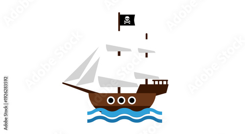 Cartoon pirate ship with skull flag sailing on ocean waves vector illustration