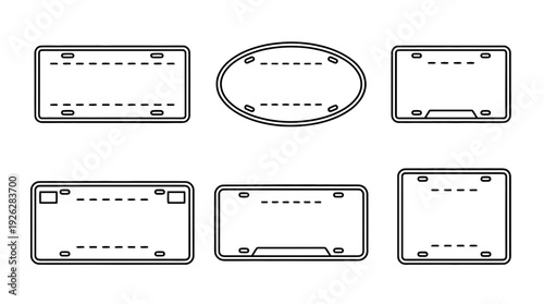 license plates , 6 black delicate line drawings vector set collection , white background , PNG and SVG	