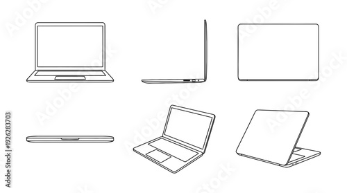 laptop computers , 6 black delicate line drawings vector set collection , white background , PNG and SVG	