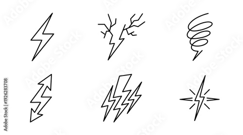 lightning bolts , 6 black delicate line drawings vector set collection , white background , PNG and SVG	