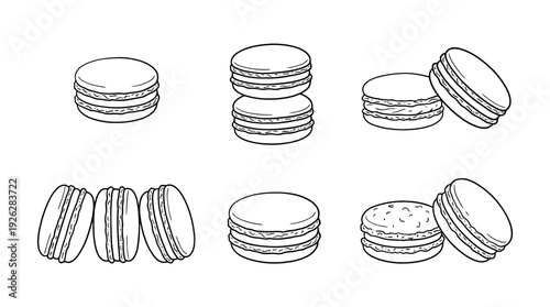 macarons , 6 black delicate line drawings vector set collection , white background , PNG and SVG	