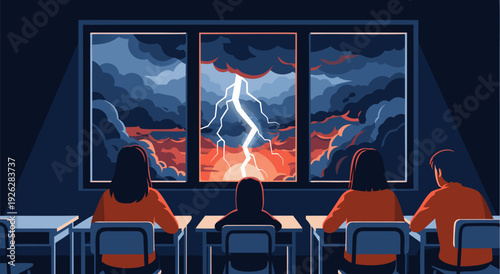 Vector Illustration of Three Individuals at Desks Gazing Through Window at Stormy Sky with Foreboding Atmosphere