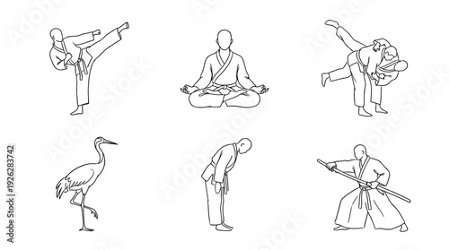 martial arts , 6 black delicate line drawings vector set collection , white background , PNG and SVG	
