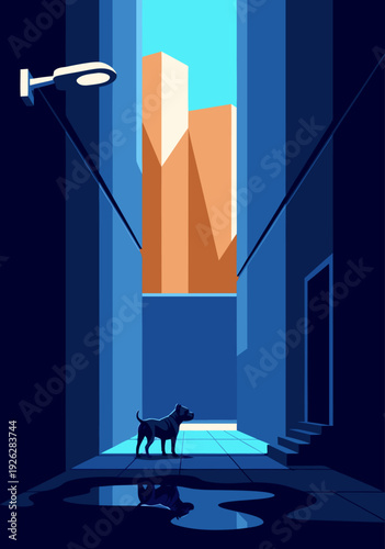 Vector Illustration of a Medium-Sized Dog Gazing Upward at a Vibrant Cityscape in a Narrow Dimly Lit Alleyway
