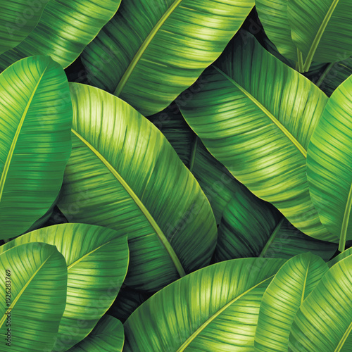 3d tropical seamless pattern with realistic green banana leaves. Modern tropical botanical leafy background with detailed textures and lush foliage. Jungle nature vector for textile and wallpaper.