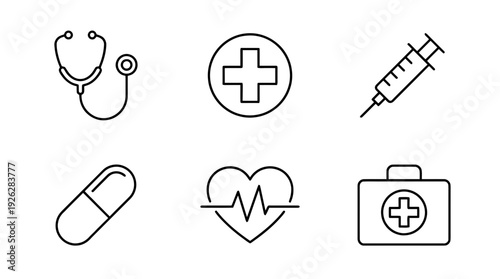 medical icons , 6 black delicate line drawings vector set collection , white background , PNG and SVG	