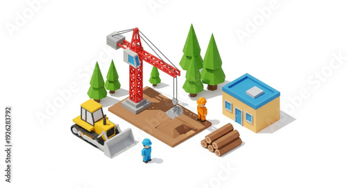 Isometric Construction Site with Crane and Building.