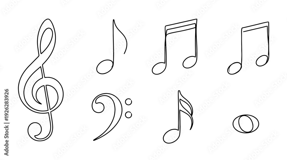Fototapeta premium music notes , 6 black delicate line drawings vector set collection , white background , PNG and SVG 