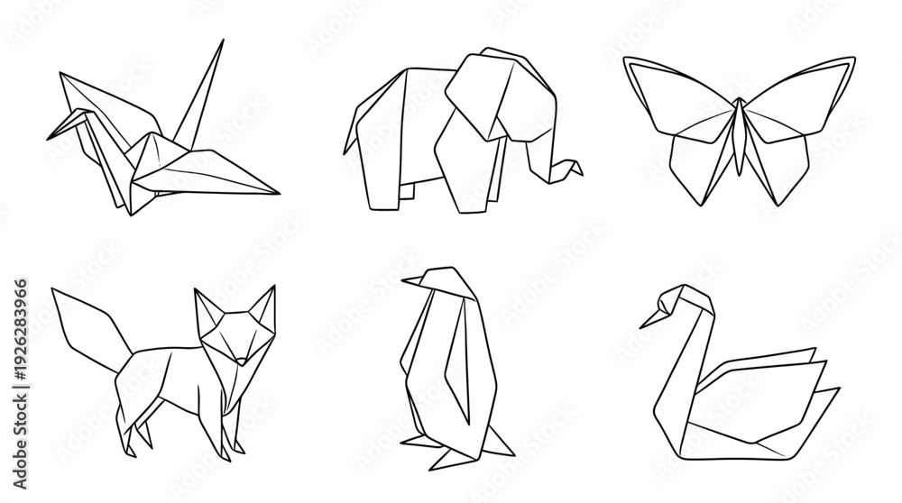 Fototapeta premium origami animals , 6 black delicate line drawings vector set collection , white background , PNG and SVG 