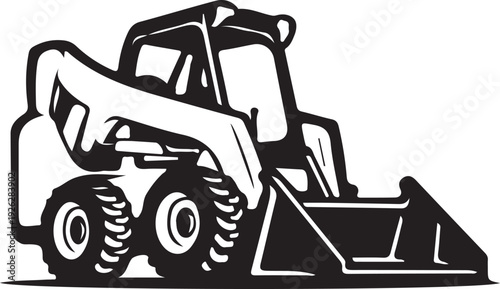 Print Dynamic black and white vector art of a skid steer loader with bucket raised, symbolizing construction, heavy machinery, and industrial work.