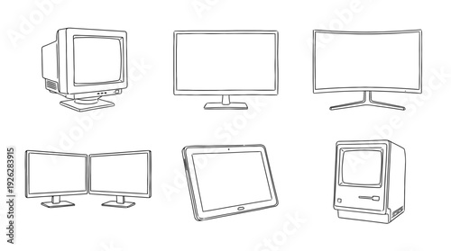 monitors , 6 black delicate line drawings vector set collection , white background , PNG and SVG	