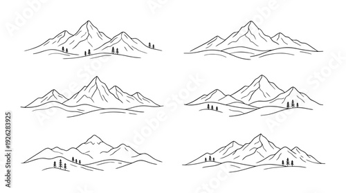 mountains , 6 black delicate line drawings vector set collection , white background , PNG and SVG	