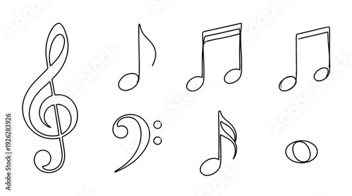 music notes , 6 black delicate line drawings vector set collection , white background , PNG and SVG	