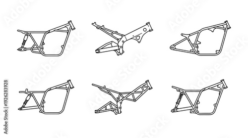 motorcycle frames , 6 black delicate line drawings vector set collection , white background , PNG and SVG	