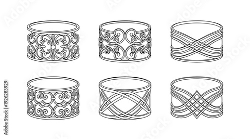 napkin rings , 6 black delicate line drawings vector set collection , white background , PNG and SVG	