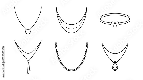 necklaces , 6 black delicate line drawings vector set collection , white background , PNG and SVG	