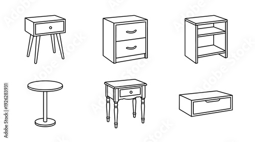 nightstands , 6 black delicate line drawings vector set collection , white background , PNG and SVG	