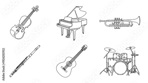 musical instruments , 6 black delicate line drawings vector set collection , white background , PNG and SVG	